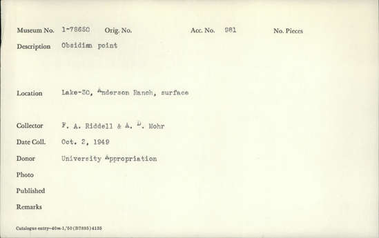 Documentation associated with Hearst Museum object titled Point, accession number 1-78650, described as Obsidian.