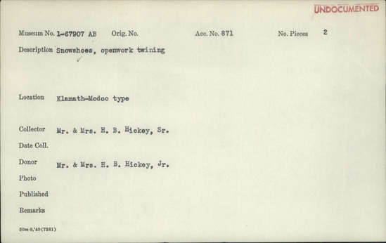 Documentation associated with Hearst Museum object titled Snowshoes (drags), accession number 1-67907a,b, described as Openwork twining.