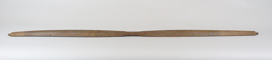 Hearst Museum object titled Bow, accession number 2-19153, described as Front ridged, wooden shaft, cable backing of sinew, attached with sinew at center and four other places on bow, towards ends. Rawhide under cable, twisted sinew bowstring attached at one end.