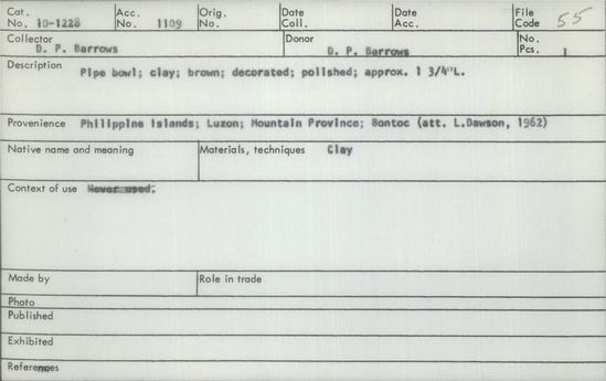 Documentation associated with Hearst Museum object titled Pipe bowl, accession number 10-1228, described as Pipe bowl; clay; brown; decorated; polished; approx. 1 3/4” L.