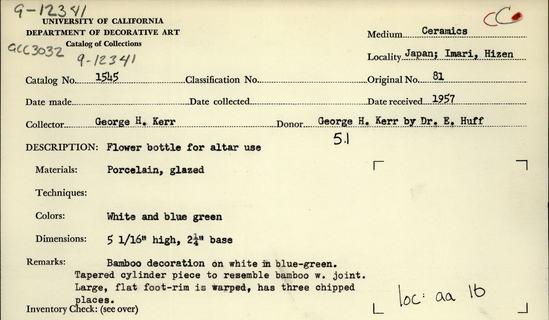 Documentation associated with Hearst Museum object titled Vase, accession number 9-12341, described as Flower bottle, for altar use, porcelain. Tapered cylinder made to resemble bamboo with joint. Underglaze decoration of bamboo in blue with blue-green leaves, on one side. Flat foot-base is warped, has three chips. White ground. Height 12cm. From Japan, Saga Prefecture (Hizen), Arita, "Imari".