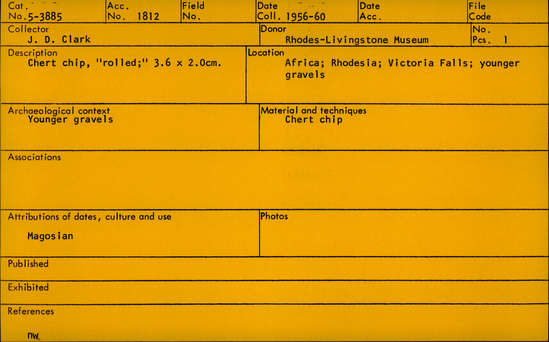 Documentation associated with Hearst Museum object titled Flake, accession number 5-3885, described as Chert chip, ‘rolled”