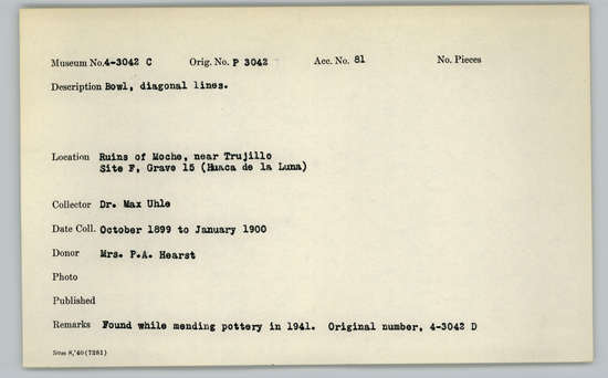 Documentation associated with Hearst Museum object titled Bowls (5), accession number 4-3042c, described as Bowl, diagonal lines