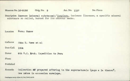 Documentation associated with Hearst Museum object titled Organic material, accession number 16-8086, described as Sucnuse (Mineral substance)