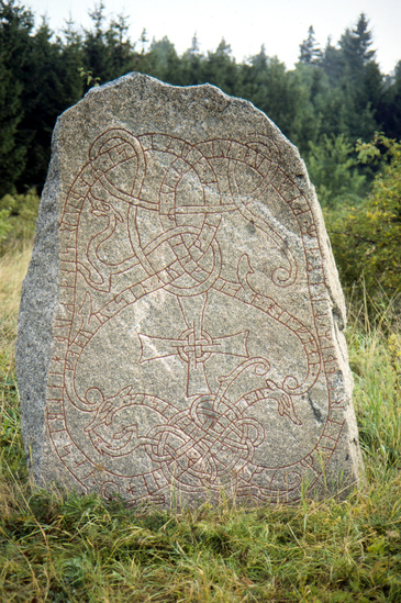 Hearst Museum object titled Color slide, accession number 25-21812, described as 35mm color transparency slide: Sweden: rock with engravings. Runestone.