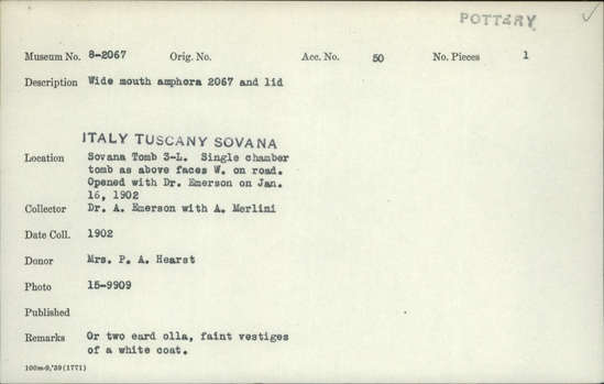 Documentation associated with Hearst Museum object titled Amphora, accession number 8-2067, described as Wide mouth amphora 2067 and lid