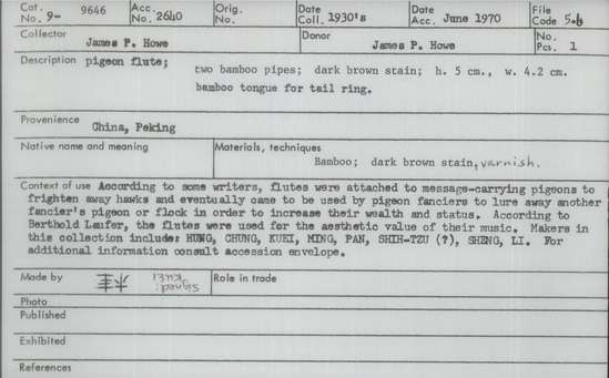 Documentation associated with Hearst Museum object titled Pigeon flute, accession number 9-9646, described as pigeon flute; 2 bamboo pipes; dark brown stain; ht. 5 cm, w. 4.2 cm bamboo tongue for tail ring