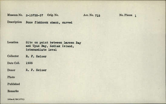 Documentation associated with Hearst Museum object titled Fishhook, accession number 2-15735, described as Bone fishhook shank, curved. Made from baculum.