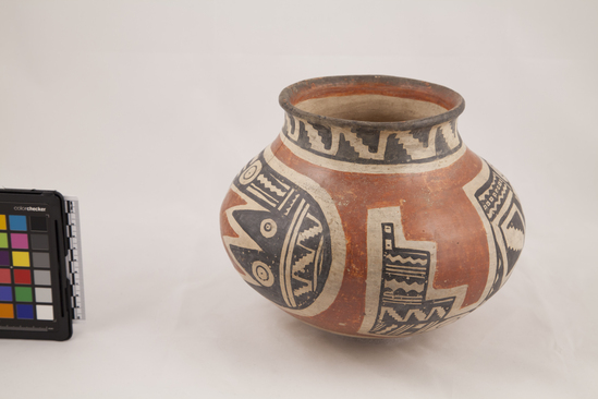 Hearst Museum object titled Jar, accession number 3-11098, described as Pot, polychrome, flaring rim; height 188 mm; diameter 236 mm.