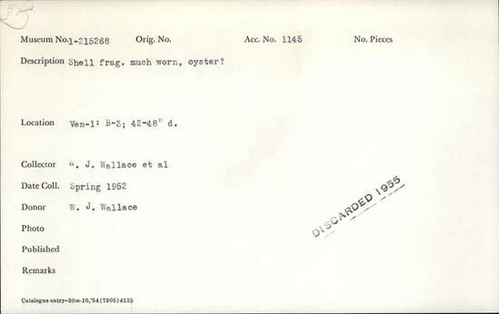 Documentation associated with Hearst Museum object titled Shell fragment, accession number 1-215268, described as Shell fragment, much worn, oyster?
