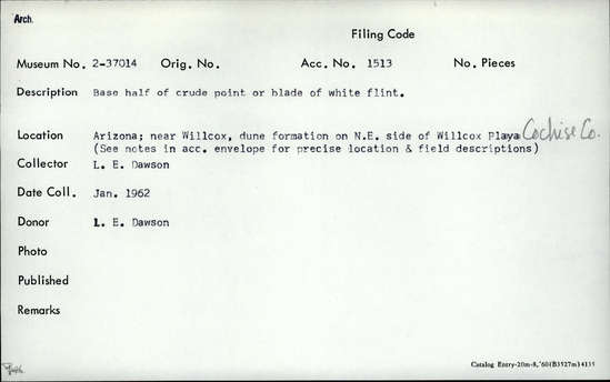 Documentation associated with Hearst Museum object titled Stone tool fragment, accession number 2-37014, described as Base half of crude point or blade of white flint