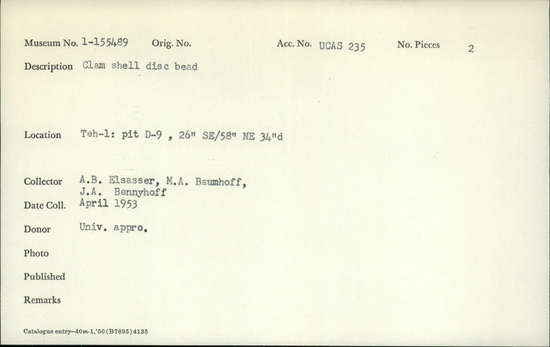 Documentation associated with Hearst Museum object titled Beads, accession number 1-155489, described as Clam shell disc.