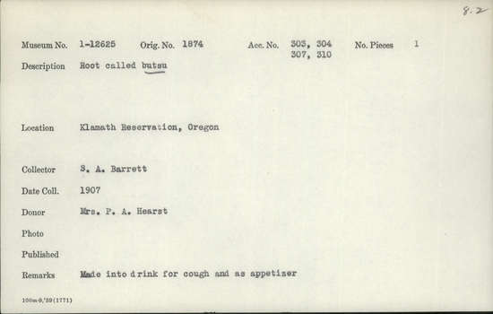 Documentation associated with Hearst Museum object titled Root, accession number 1-12625, described as Specimen, ethnobotanical; root