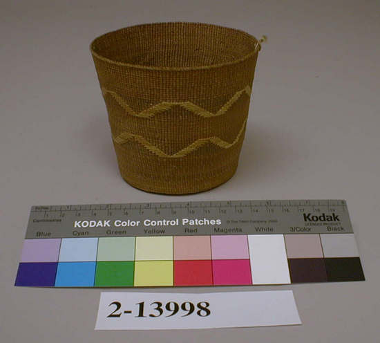 Hearst Museum object titled Basket, accession number 2-13998, described as Twined, cup shaped, brown and yellow bands.