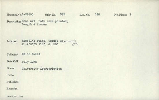 Documentation associated with Hearst Museum object titled Awl, accession number 1-29890, described as Made of bone.  Both ends pointed.
