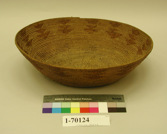 Hearst Museum object titled Winnowing tray, accession number 1-70124, described as Coiled, deep tray. Tag: "Mission Type". Broad low bowl, probably a winnower; appears to have been used.  Materials include a deergrass bundle foundation; tan and orange juncus wefts; and sumac wefts used on the base.  The design is thirteen sets of three downward facing triangles formed by orange juncus. The workface is on the inside.  The wefts are bound under and the work direction is to the right.  The basket has a plain wrapped rim with three inches or so of the plain wrapped rim missing.  Basket is stained, including blue and yellow stains.