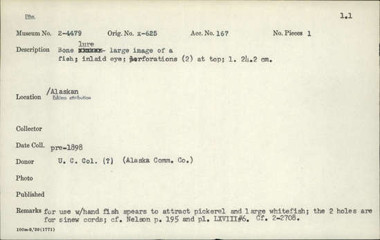 Documentation associated with Hearst Museum object titled Fishing lure, accession number 2-4479, described as Bone fishing lure. Large image of a fish, inlaid eye, perforations (2) at top.