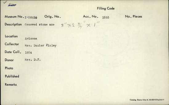 Documentation associated with Hearst Museum object titled Axe, accession number 2-36630, described as Grooved stone axe