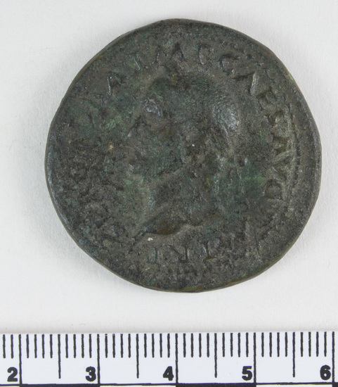 Hearst Museum object 7 of 8 titled Coin: æ sestertius, accession number 8-4003, described as Coin; AE; Sestertius; Roman. Galba 68-69 AD. Obverse: SER GALBA IMP CAES AVG P M TR P, Bust l. laureate. Reverse: LIBERTAS AVGVSTA, Libertas standing l. with pileus and scepter; S C. low in field.