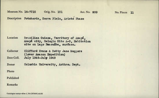 Documentation associated with Hearst Museum object titled Potsherds, accession number 16-7215, described as Potsherds, Serra plain