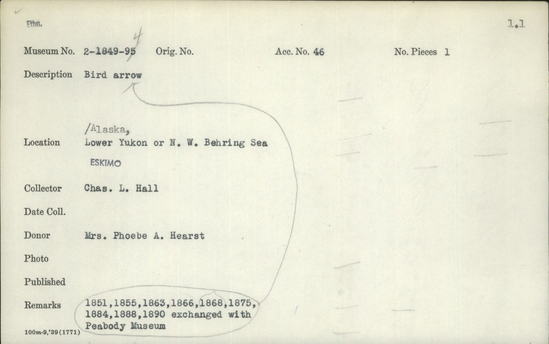 Documentation associated with Hearst Museum object titled Arrow, accession number 2-1892, described as Bird arrow