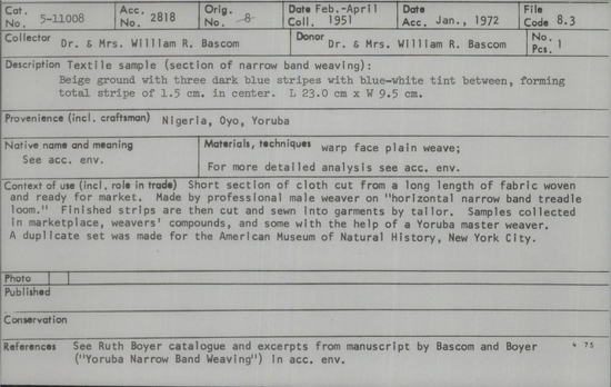 Documentation associated with Hearst Museum object titled Textile sample, accession number 5-11008, described as Textile sample (section of narrow band weaving). Beige ground with three dark blue stripes with blue-white tint between, forming total stripe of 1.5 cm in center.