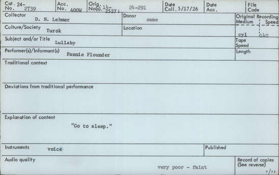 Documentation associated with Hearst Museum object titled Audio recording, accession number 24-2739, described as Lullaby