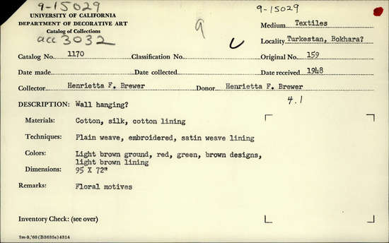 Documentation associated with Hearst Museum object titled Wall hanging, accession number 9-15029, described as Wall hanging?  Cotton, silk, cotton lining. Plain weave, embroidered, satin weave lining.  Light brown ground, red, green, and brown designs, light brown lining.  Floral motives.  95 inches by 72 inches.