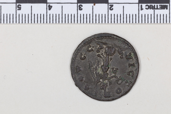 Hearst Museum object 9 of 10 titled Coin: billon antoninianus, accession number 8-4388, described as Coin; Billon; Antoninianus; Roman. 4.76 grams, 23 mm. Carus, 282-285 AD. Lyon, France. Obverse: IMP C M AVR CARVS AVG, bust r. radiate, cuirassed. Reverse: VICTORIA AVGG, Victory l. on globe between two captives; to l., A.