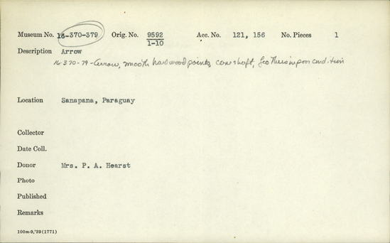 Documentation associated with Hearst Museum object titled Arrow, accession number 16-377, described as Arrow, smooth hardwood point, cane shaft, feathers in poor condition.