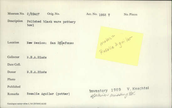 Documentation associated with Hearst Museum object titled Bowl, accession number 2-22407, described as Polished black ware pottery bowl.