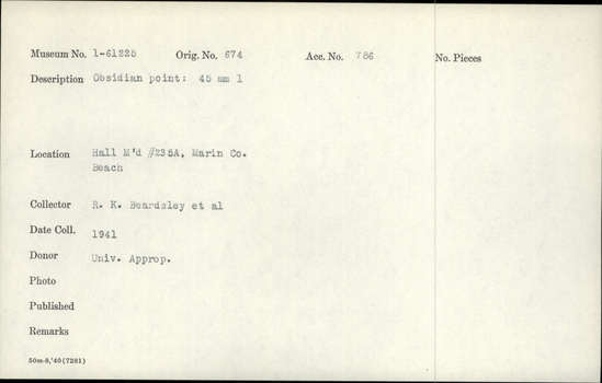 Documentation associated with Hearst Museum object titled Point, accession number 1-61225, described as Obsidian. Notice: Image restricted due to its potentially sensitive nature. Contact Museum to request access.