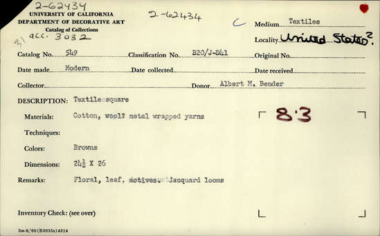 Documentation associated with Hearst Museum object titled Textile, accession number 2-62434, described as Textile square; cotton, wool?, metal wrapped yarns, browns, floral and leaf motives, Jacquard looms