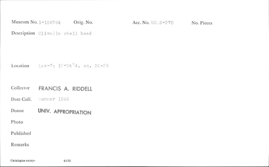 Documentation associated with Hearst Museum object titled Bead, accession number 1-196764, described as Olivella shell.