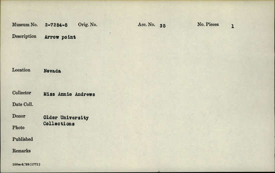 Documentation associated with Hearst Museum object titled Projectile point, accession number 2-7254, described as Arrow point