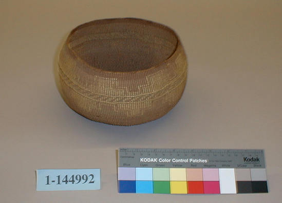 Hearst Museum object titled Cooking basket, accession number 1-144992, described as Twined basket of mush cooking type.  Design in Xerophyllum overlay of outlined step figures.