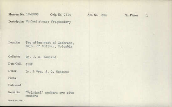 Documentation associated with Hearst Museum object titled Stone, accession number 16-5806, described as Worked stone; fragmentary.