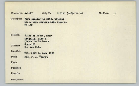 Documentation associated with Hearst Museum object titled Bowl, accession number 4-3177, described as Bowl similar to 3176, without base, red, serpent-like figures on lip