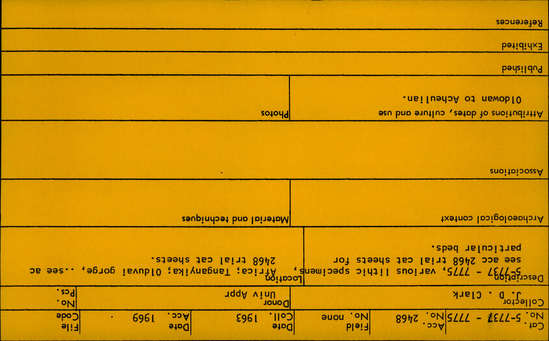 Documentation associated with Hearst Museum object titled Handaxe, accession number 5-7741, described as handaxe; bifacial