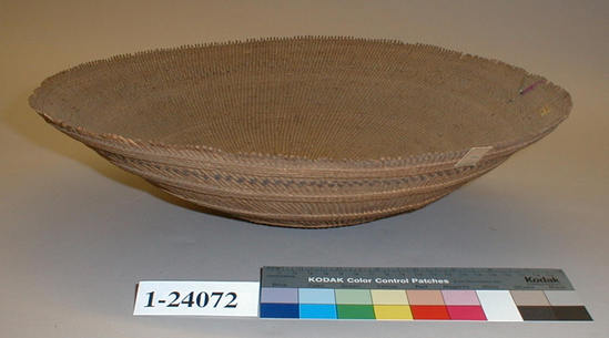 Hearst Museum object titled Sifting tray, accession number 1-24072, described as Twined sifting basket.  One encircling black band near border.