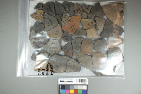 Hearst Museum object titled Potsherd, accession number 5-11901, described as Pottery sherds: pottery level bag. Approximately 50% undecorated, 25% rouletted, 25% scored. Some are red-slipped and burnished. 16 sherds are rim fragments, 1 of which may possibly be part of a spout.