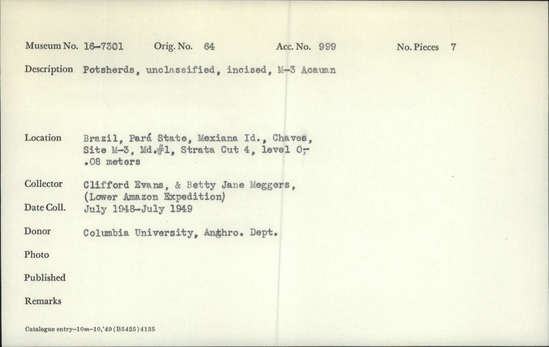 Documentation associated with Hearst Museum object titled Potsherds, accession number 16-7301, described as Potsherds; unclassified, uncised