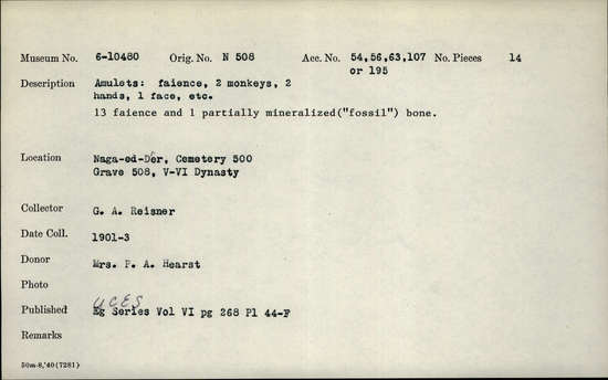 Documentation associated with Hearst Museum object titled Amulets, accession number 6-10480, described as amulets: faience, two monkeys, two hands, one face, etc. thirteen faience and one partially mineralized (”fossil”) bone.