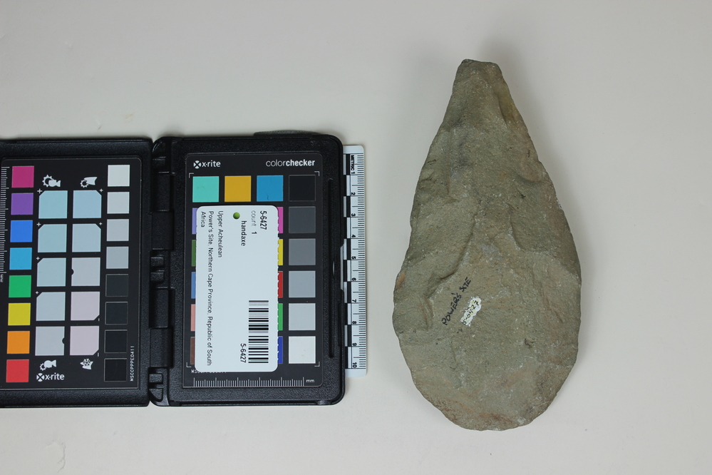 Hearst Museum object 2 of 2 titled Handaxe, accession number 5-6427, described as Diabase hand-axe; Upper Acheulian