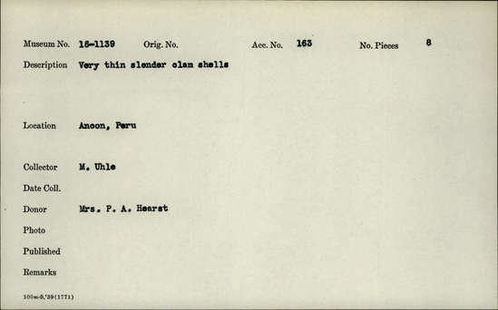 Documentation associated with Hearst Museum object titled Very thin, slender clam shells, accession number 16-1139, described as Very thin slender clam shells