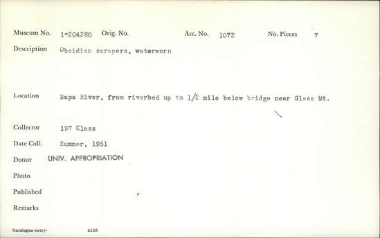 Documentation associated with Hearst Museum object titled Scrapers, accession number 1-204280, described as obsidian scrapers, water-worn