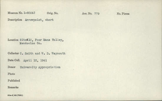 Documentation associated with Hearst Museum object titled Projectile point, accession number 1-60042, described as chert arrowpoint