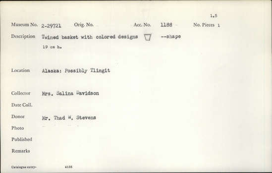 Documentation associated with Hearst Museum object titled Basket, accession number 2-29721, described as Twined, with colored designs, bucket shape.
