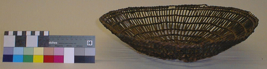 Hearst Museum object titled Plate basket, accession number 1-9557, described as Plate basket; twined. Warp and weft are Hazel (Corylus cornuta californica). Shallow bowl shape, openwork twining.