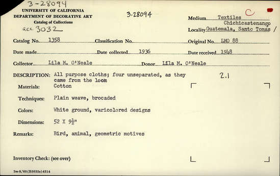 Documentation associated with Hearst Museum object titled Textile, accession number 3-28094, described as All purpose cloths; four unseparated, as they came from the loom. Cotton. Plain weave, brocaded. White ground, varicolored designs. Bird, animal, geometric motifs.  52 inches by 9.5 inches